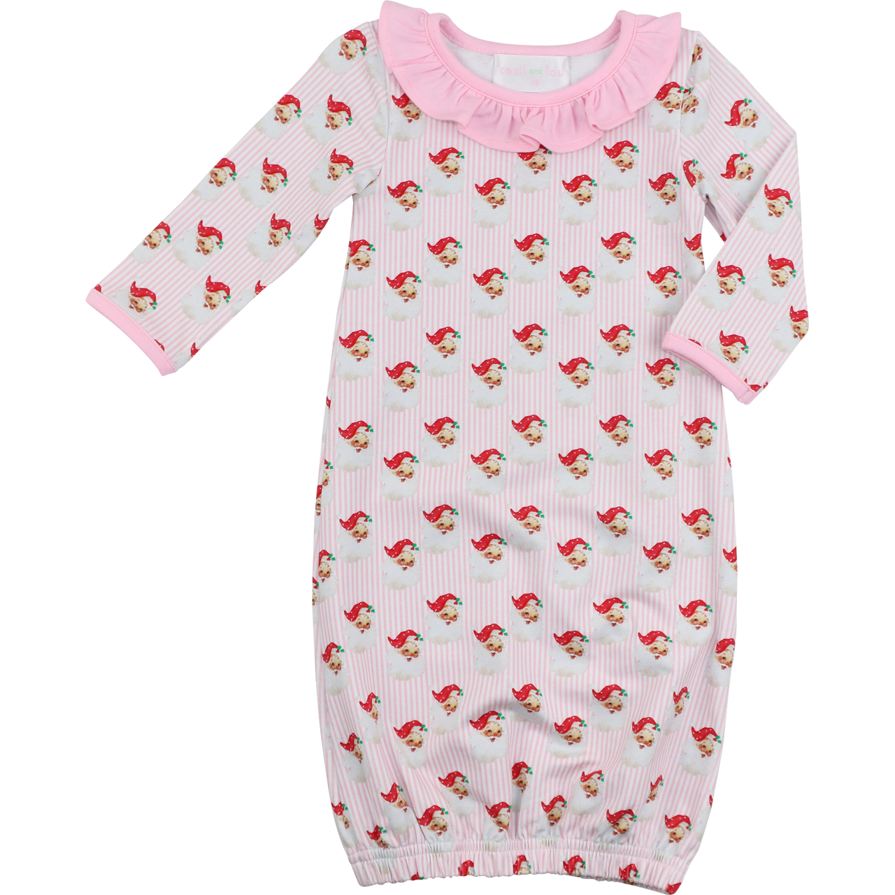 Pink Gingham Knit Santa Print Baby Gown