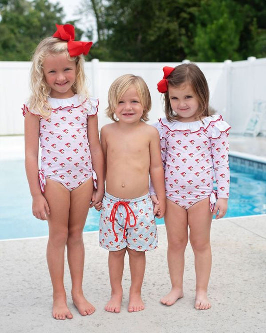 Pink Stripe Santa Print Lycra Swimsuit