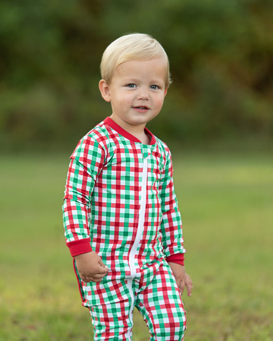Green And Red Check Knit Zipper Pajamas