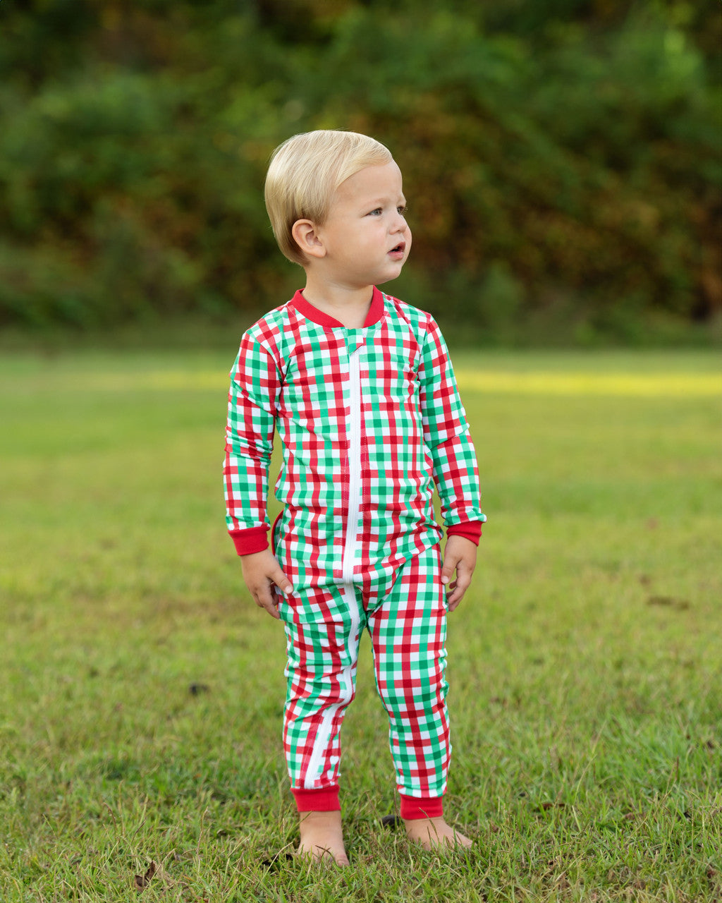 Green And Red Check Knit Zipper Pajamas