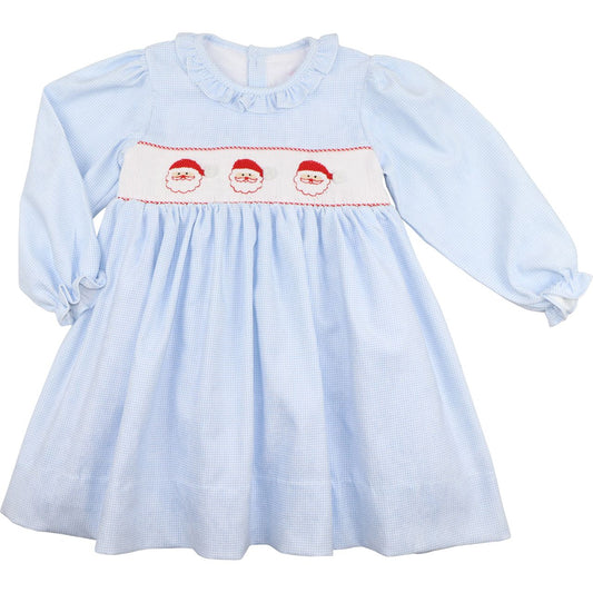 Blue Gingham Corduroy Smocked Santa Dress