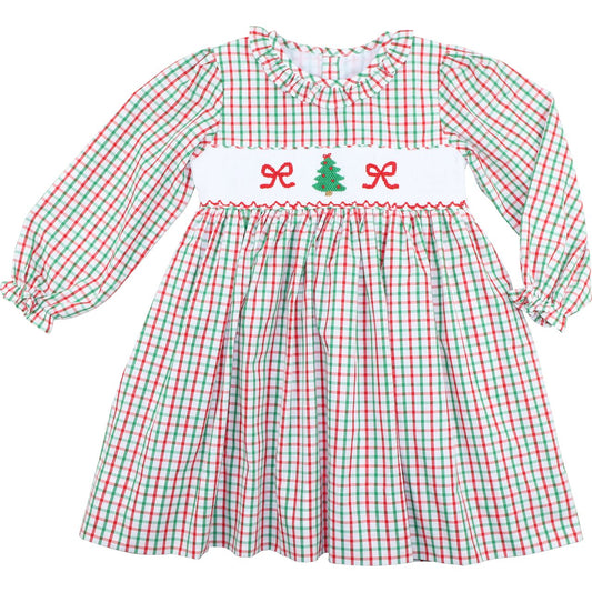 Red And Green Windowpane Smocked Christmas Tree And Bow Dress
