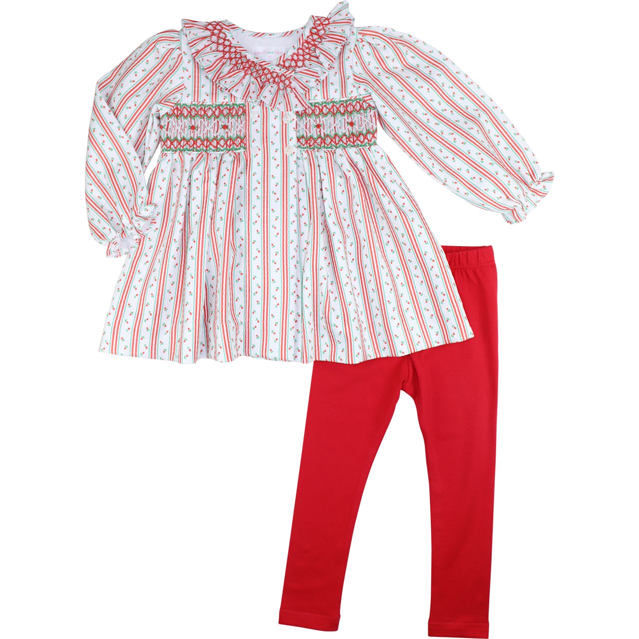 Red And Green Rosebud Smocked Rosette Legging Set