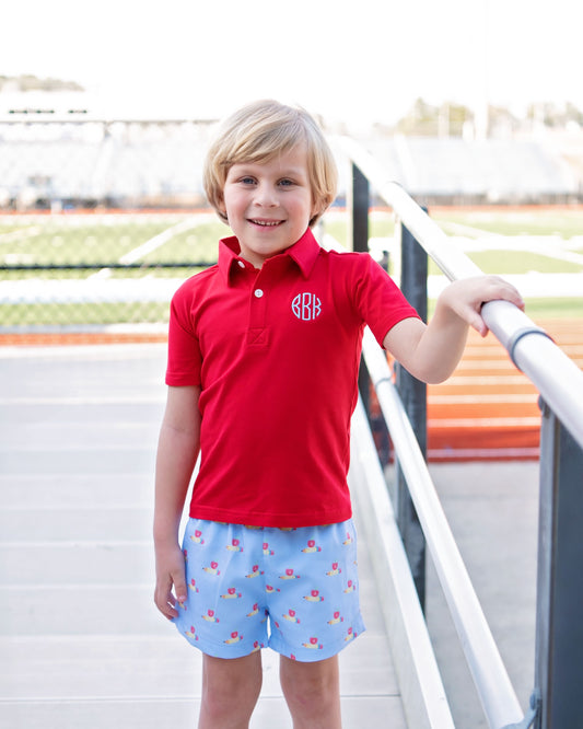 Blue And Red Pencil And Apple Polo Short Set