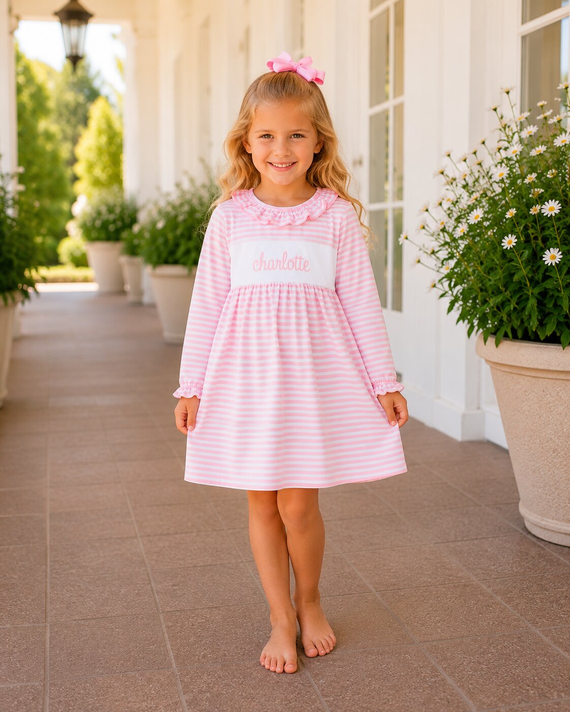 Girl in pink dress with pink bow standing near plants