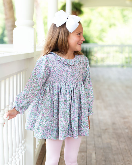 Girl wearing Pink Smocked Floral Legging Set