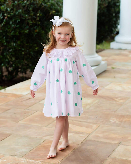 Pink Stripe Embroidered Shamrock Dress Smocked Threads