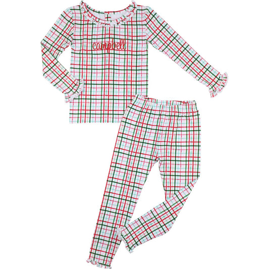 Girls Red And Green Plaid Windowpane Knit Ruffle Pajamas
