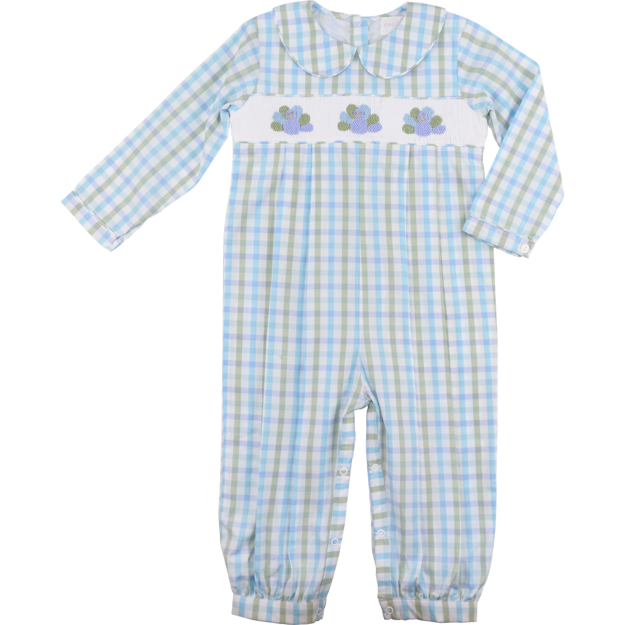 Green And Blue Check Smocked Turkeys Long Romper