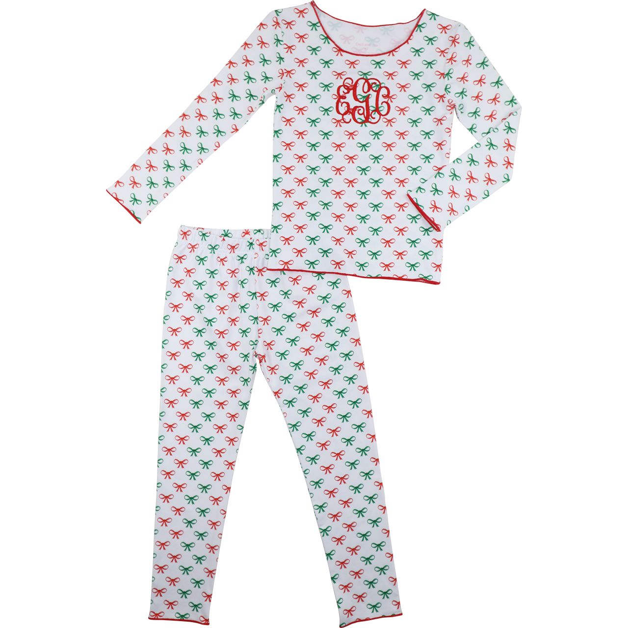 Green And Red Knit Bow Print Pajamas