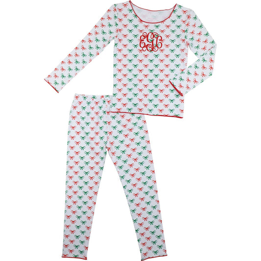 Green And Red Knit Bow Print Pajamas