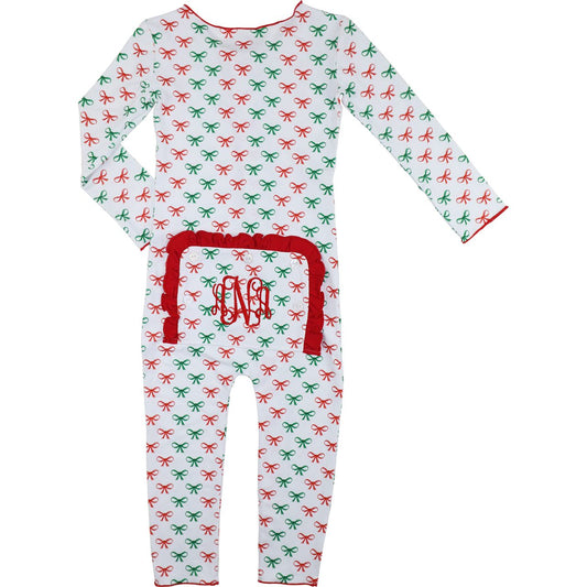 Green And Red Knit Bow Print Zipper Pajamas