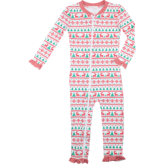 Red And Green Christmas Print Knit Ruffle Zipper Pajamas