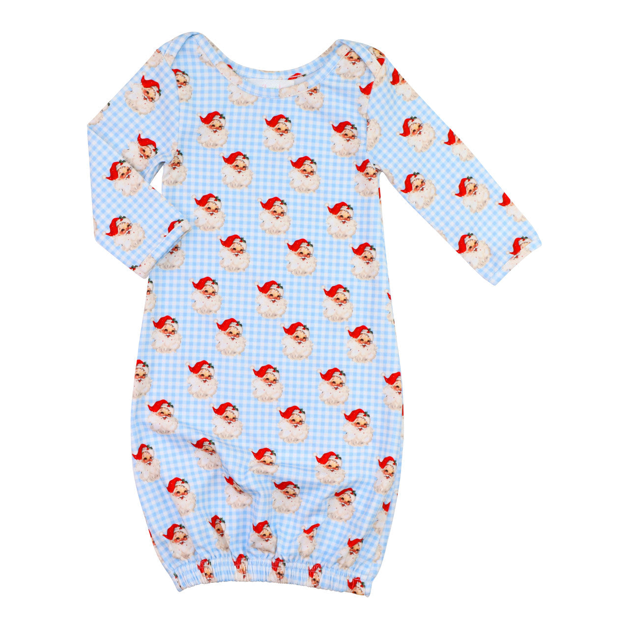 Blue Gingham Knit Santa Print Baby Gown