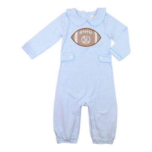 Blue Stripe Knit Applique Football Long Romper