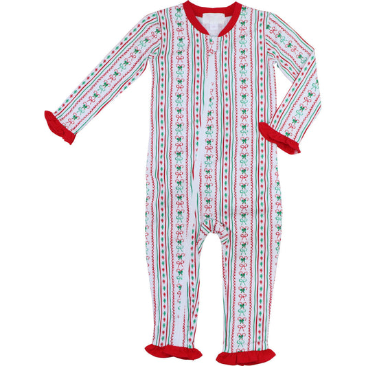 Red And Green Knit Bow And Candy Cane Zipper Pajamas