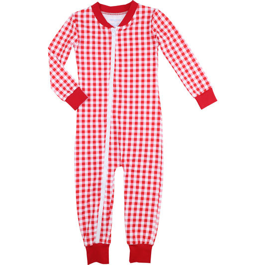 Red And White Check Knit Zipper Pajamas