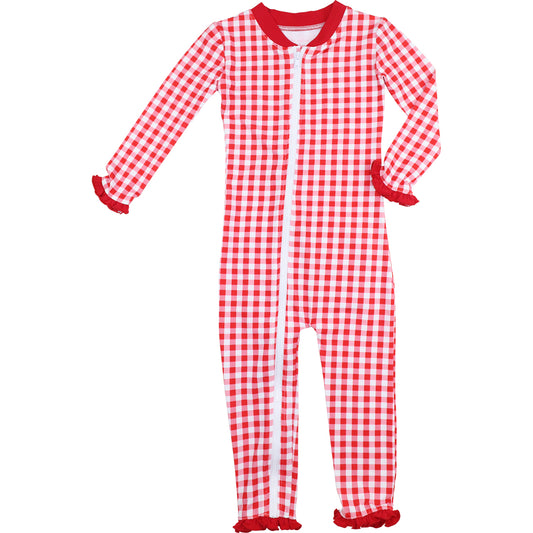 Red And White Check Knit Ruffle Zipper Pajamas