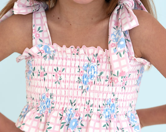 Floral Windowpane Smocked Lycra Shoulder Tie Bikini
