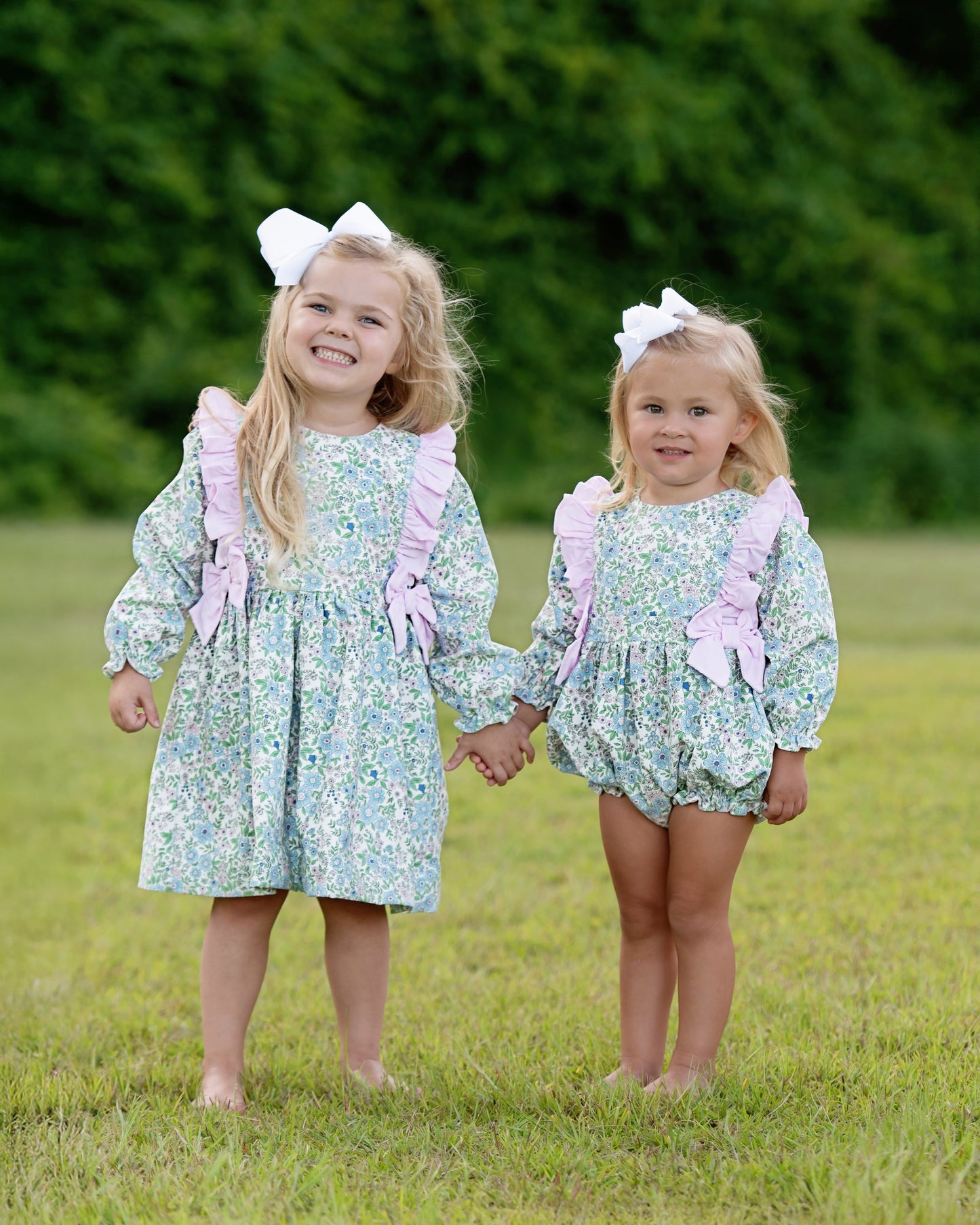 Pink And Blue Floral Corduroy Bow Dress