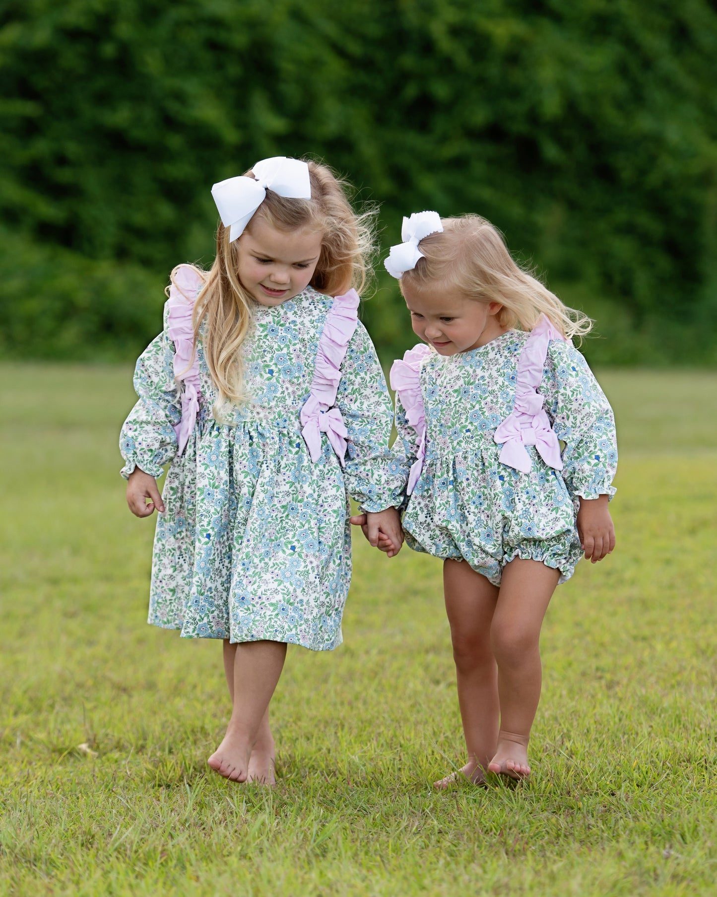 Pink And Blue Floral Corduroy Bow Dress