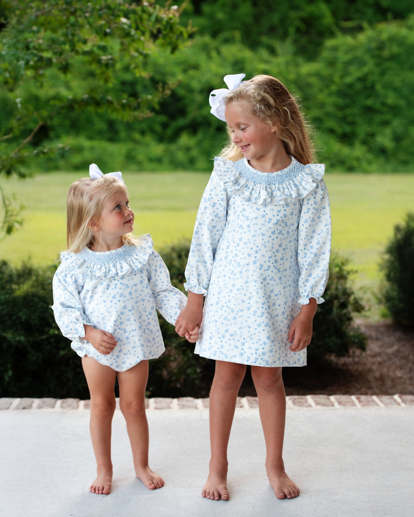 Blue Floral Corduroy Geometric Smocked Bubble