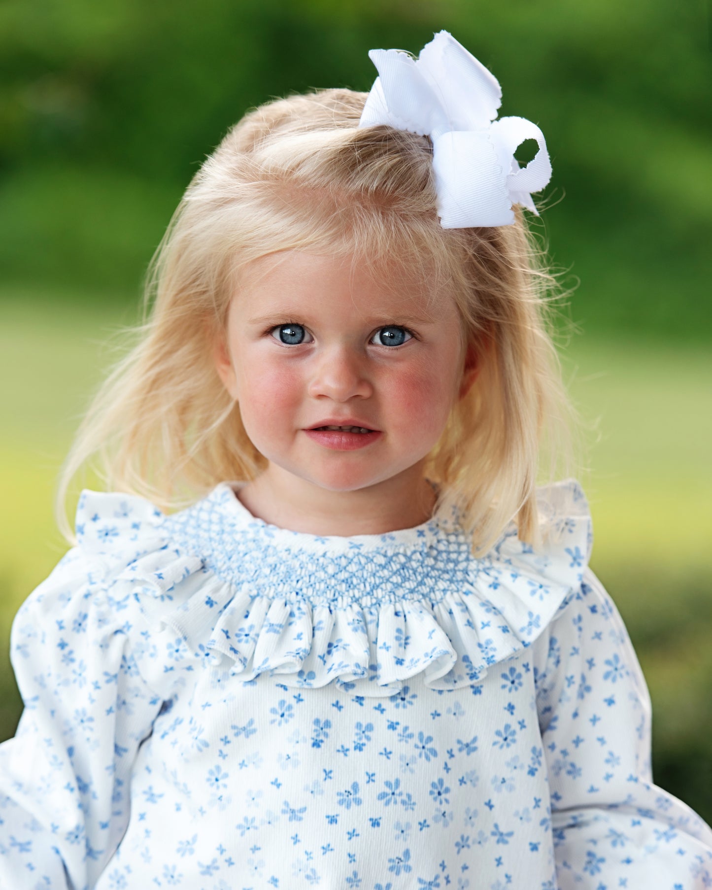 Blue Floral Corduroy Geometric Smocked Bubble