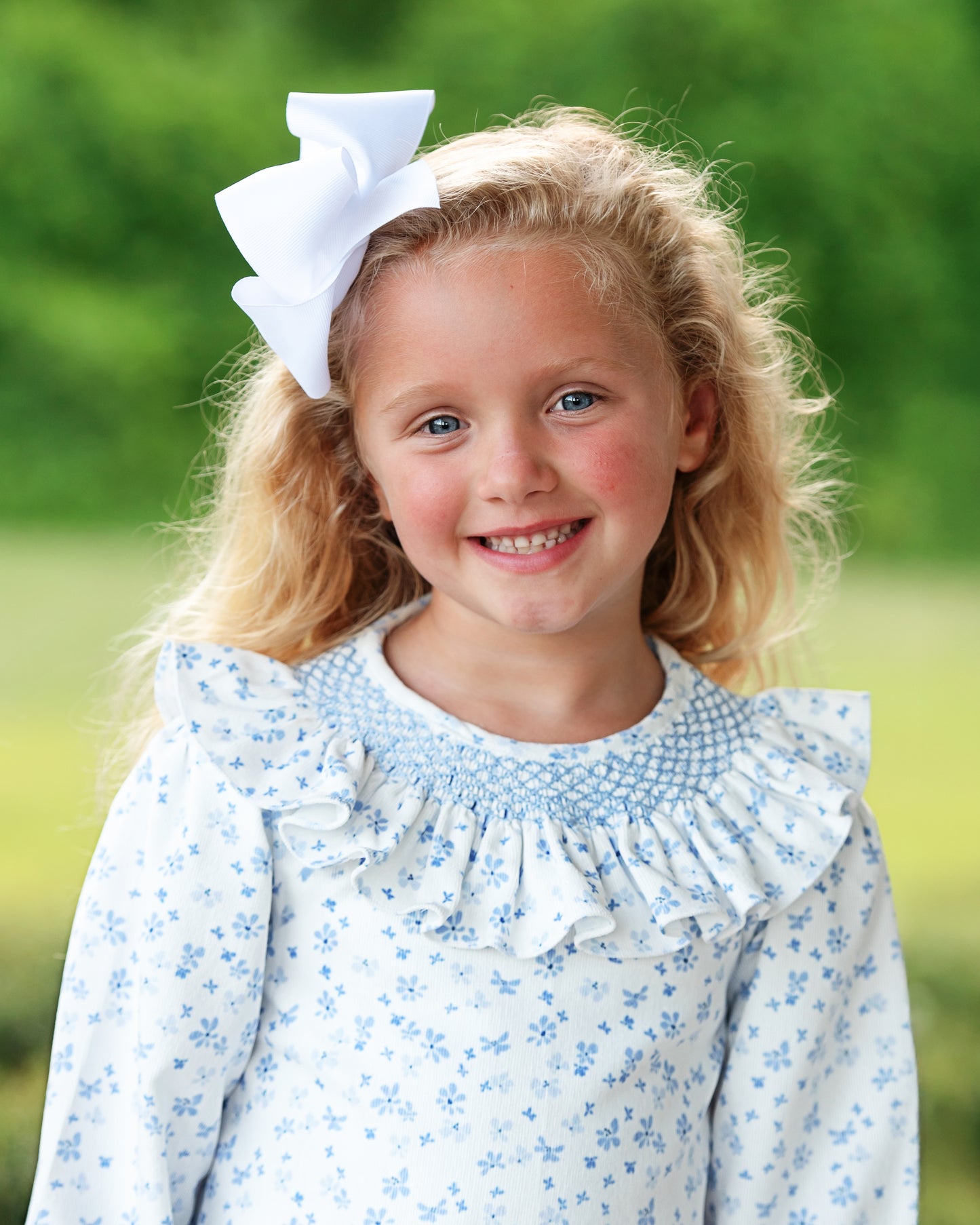 Blue Floral Corduroy Geometric Smocked Dress