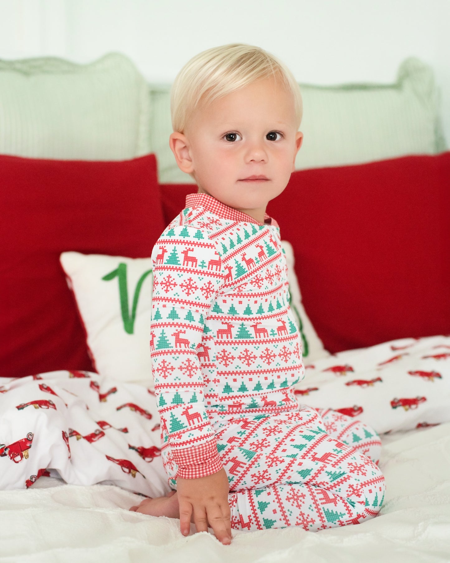Red And Green Christmas Print Knit Zipper Pajamas