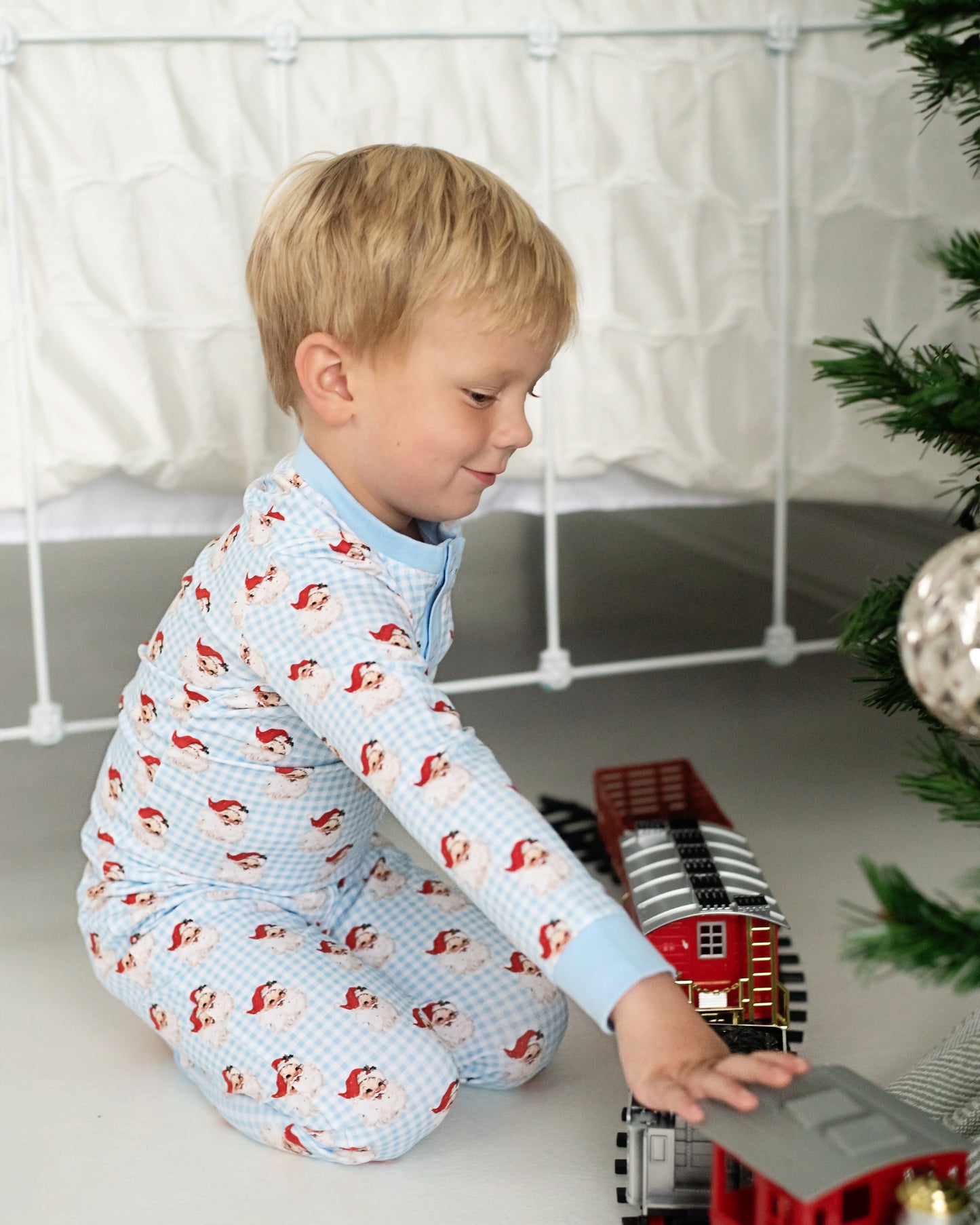Blue Gingham Knit Santa Pajamas