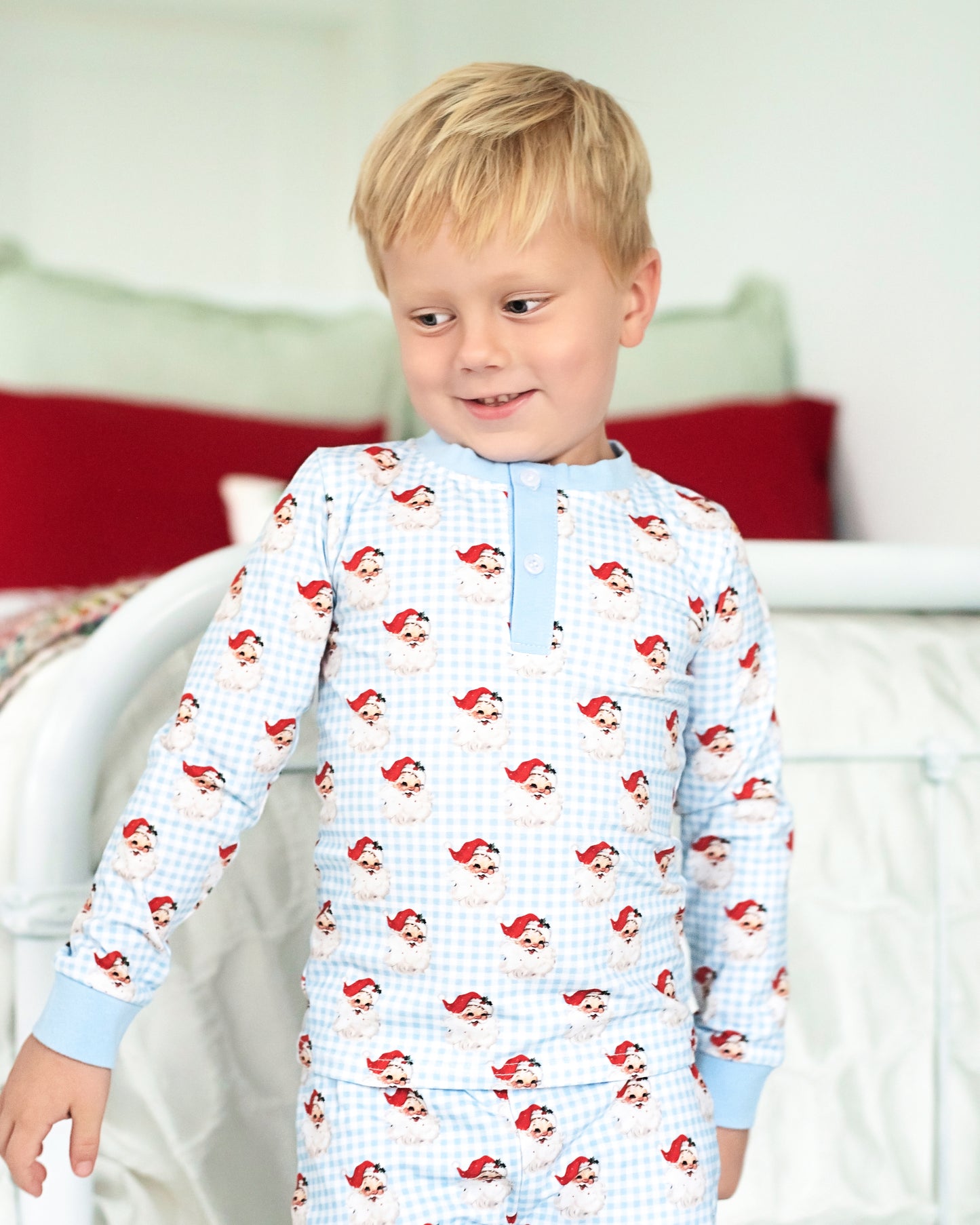 Blue Gingham Knit Santa Pajamas