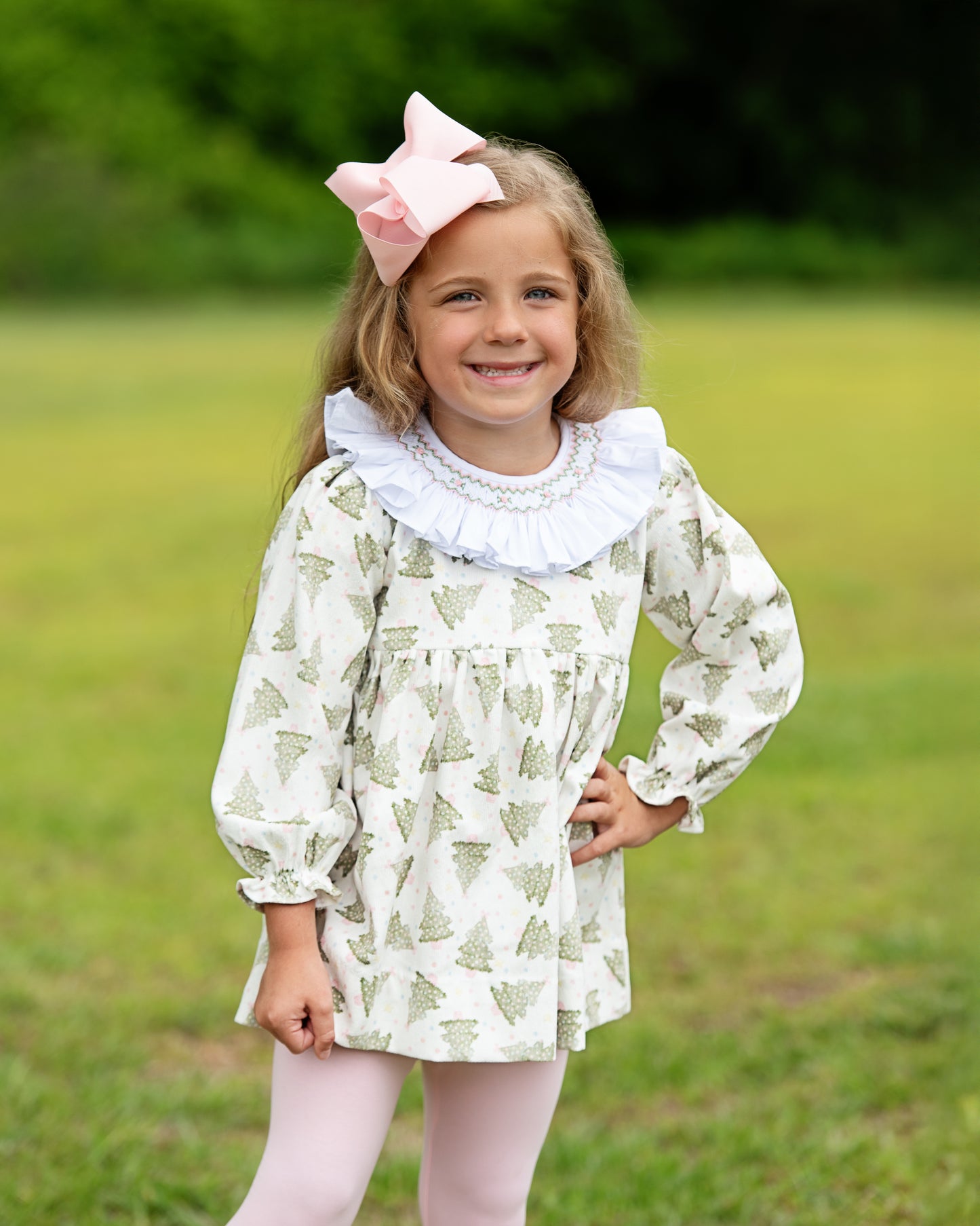 Pink And Green Smocked Christmas Tree Legging Set