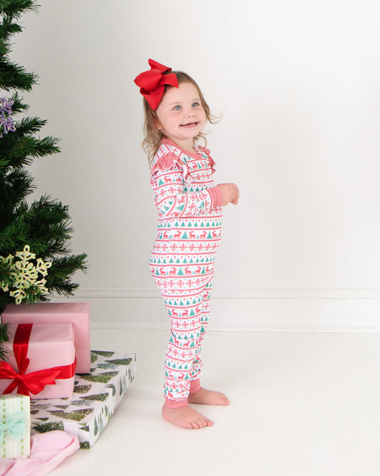 Red And Green Christmas Print Knit Ruffle Pajamas