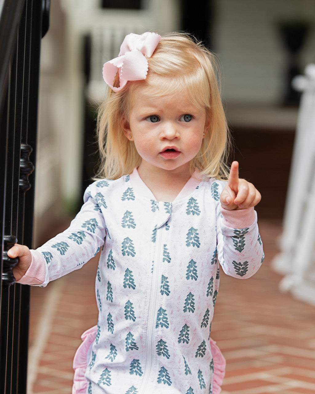 Pink And Green Knit Bow And Tree Zipper Pajamas