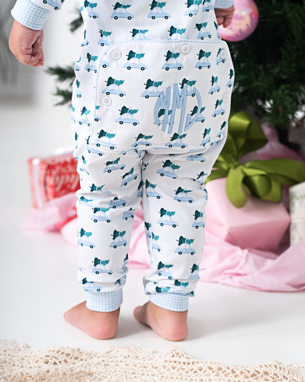 Blue Knit Christmas Car Print Zipper Pajamas