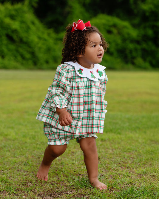Corduroy Plaid Embroidered Christmas Tree Diaper Set