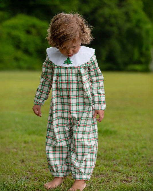 Corduroy Plaid Embroidered Christmas Tree Long Romper