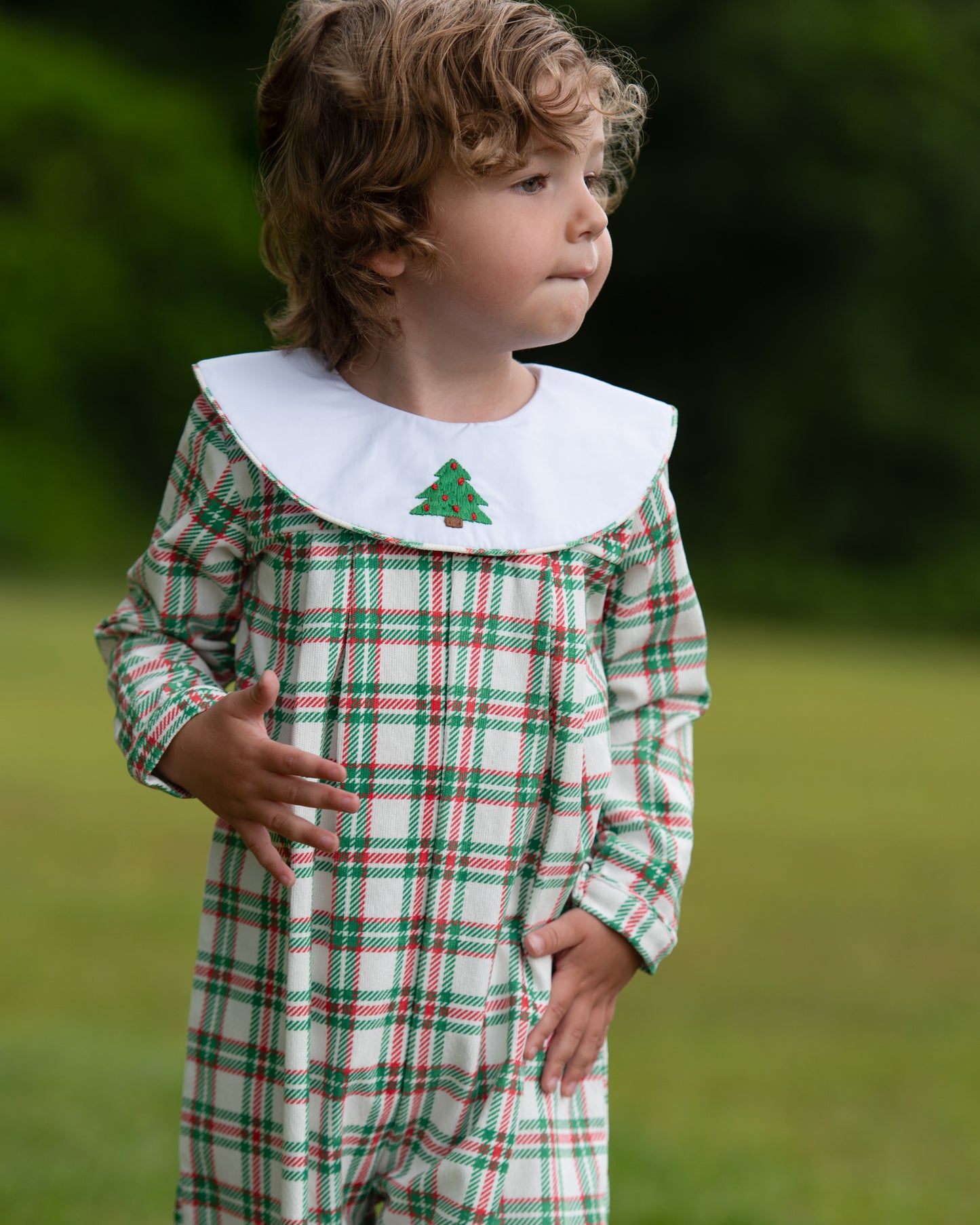 Corduroy Plaid Embroidered Christmas Tree Long Romper