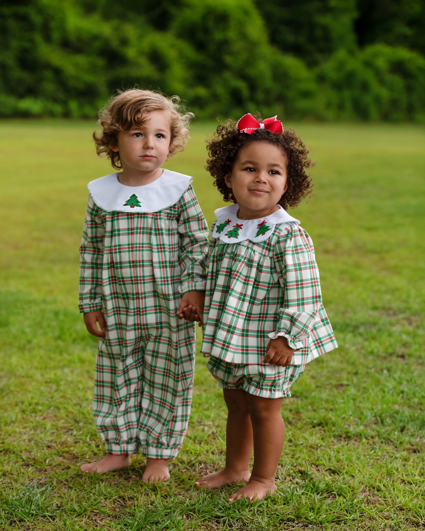 Corduroy Plaid Embroidered Christmas Tree Diaper Set
