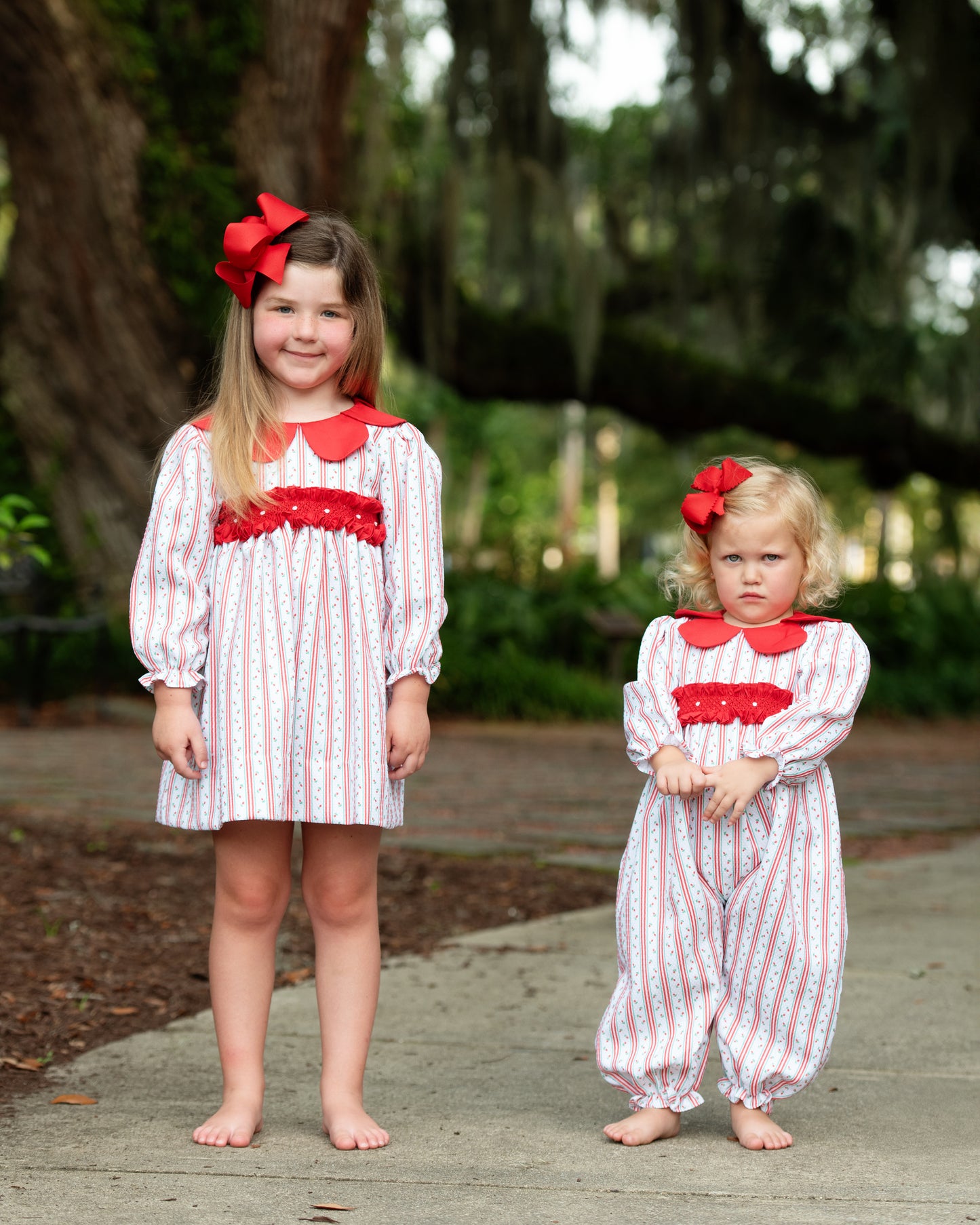 Red And Green Rosebud Smocked Petal Collar Dress