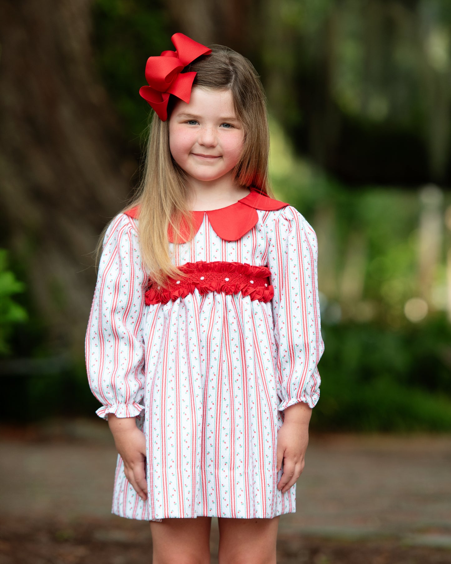 Red And Green Rosebud Smocked Petal Collar Dress