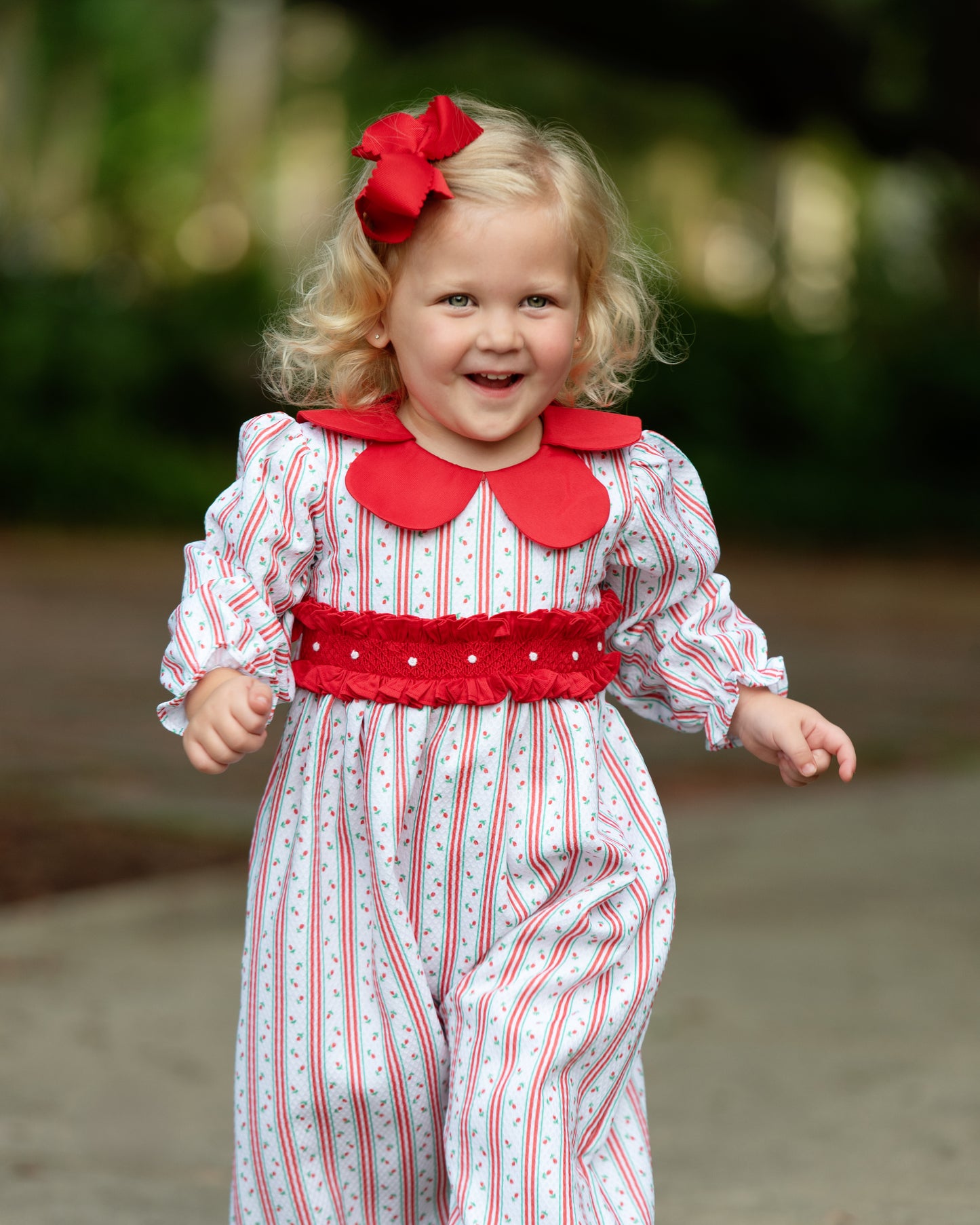 Red And Green Rosebud Smocked Petal Collar Long Bubble