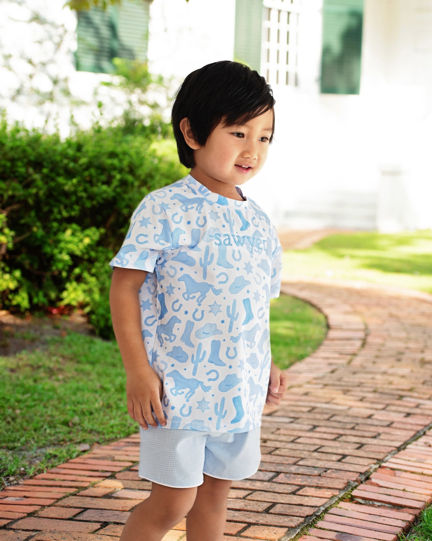 Blue Gingham Rodeo Short Set