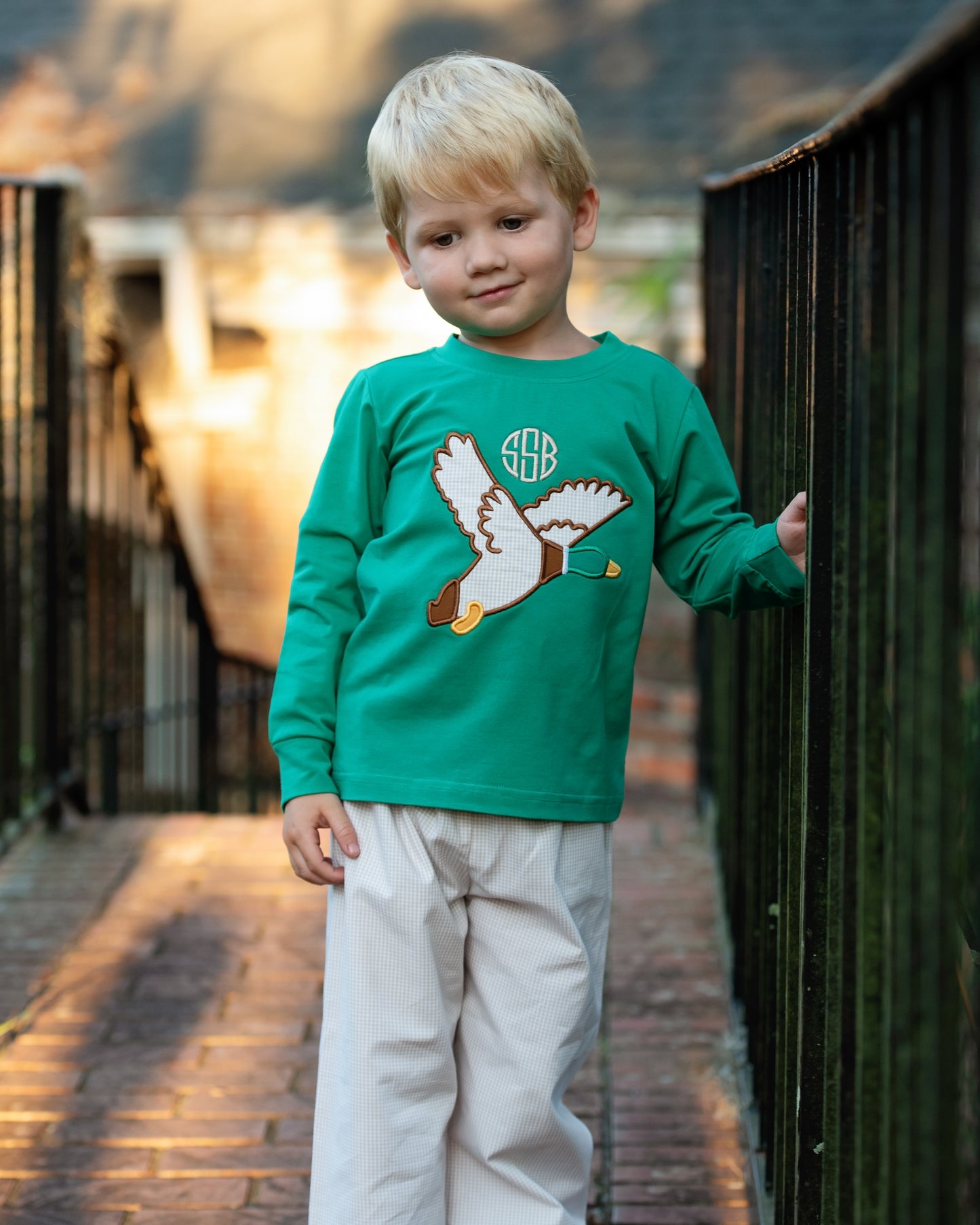 Green And Khaki Gingham Applique Mallard Pant Set