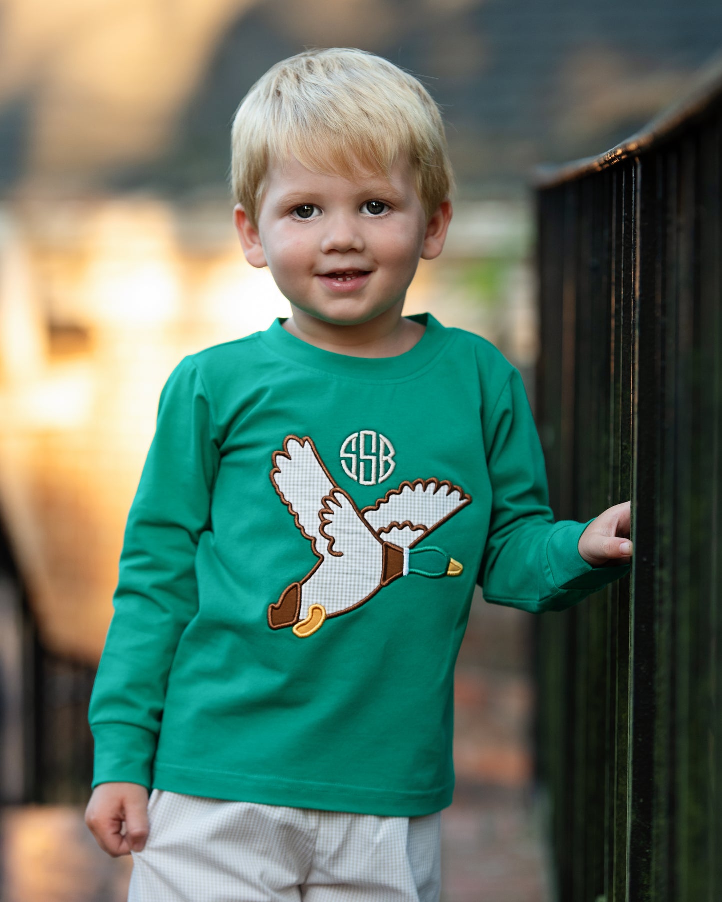 Green And Khaki Gingham Applique Mallard Pant Set