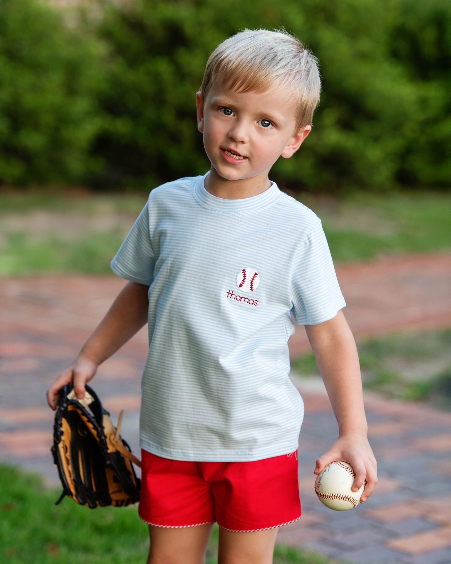 Blue Stripe Knit Embroidered Baseball Shirt