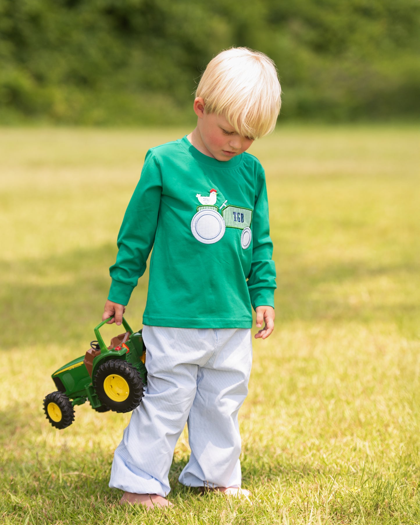 Green And Blue Gingham Applique Tractor Pant Set
