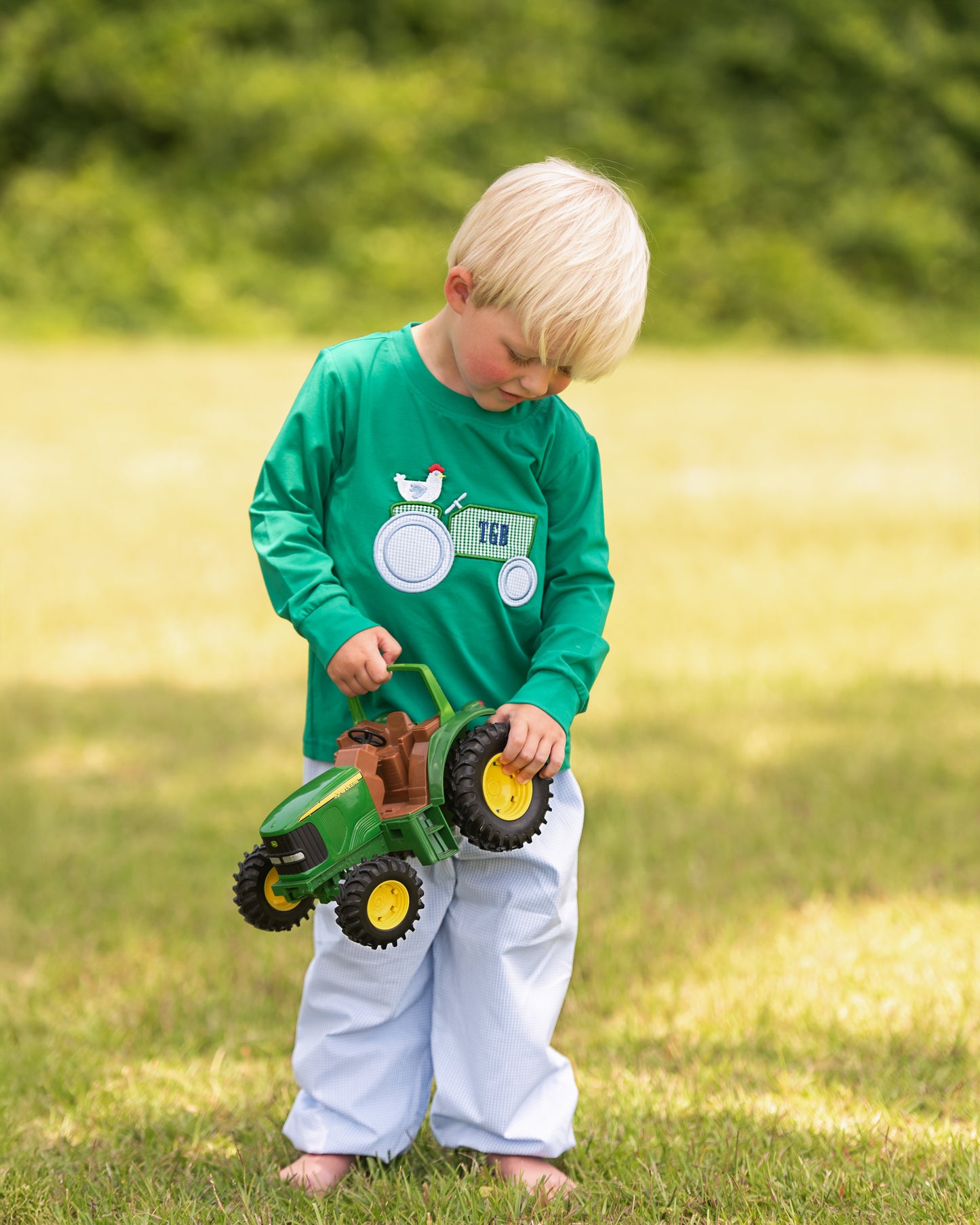 Green And Blue Gingham Applique Tractor Pant Set