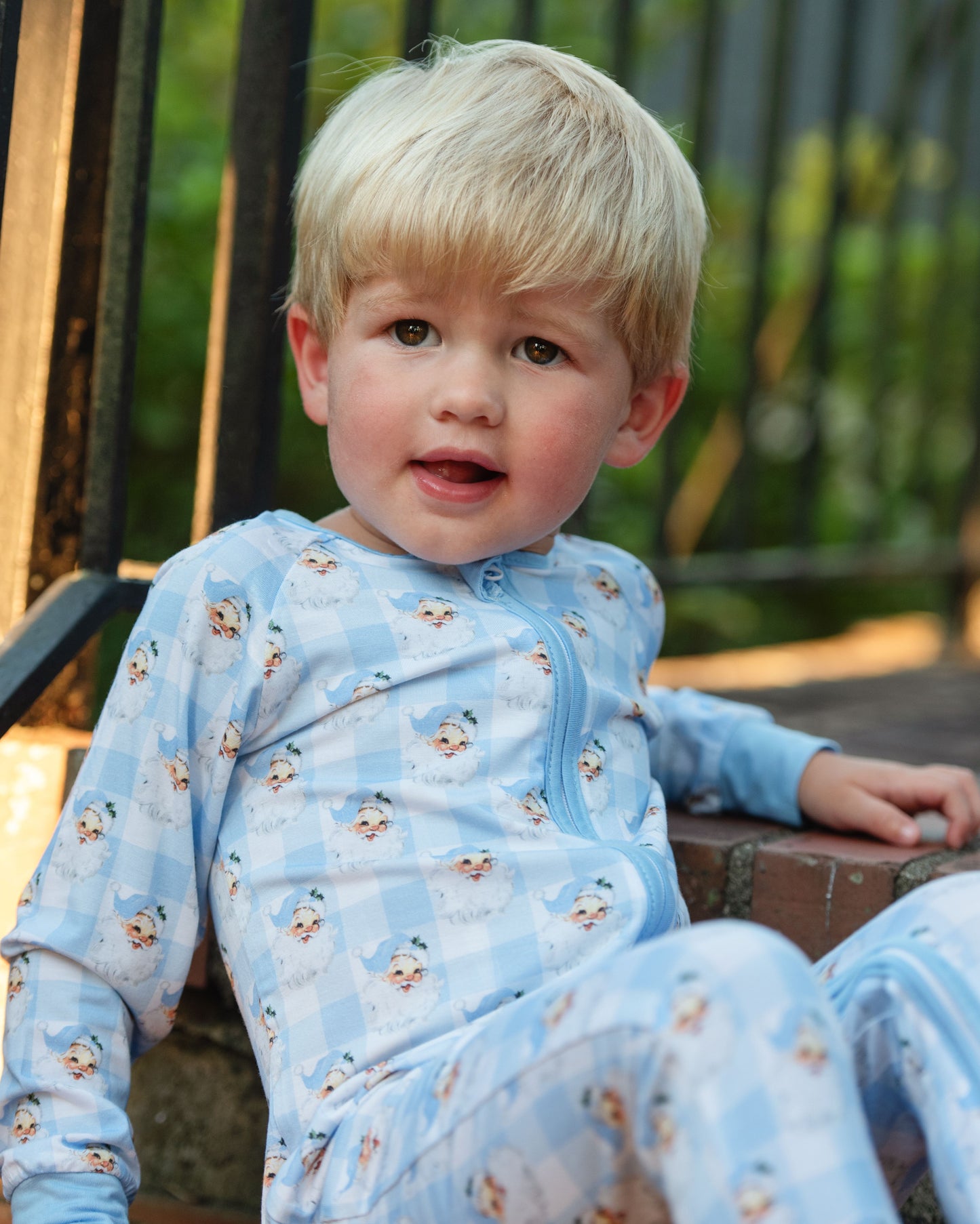Blue Knit Bamboo Vintage Santa Zipper Pajamas