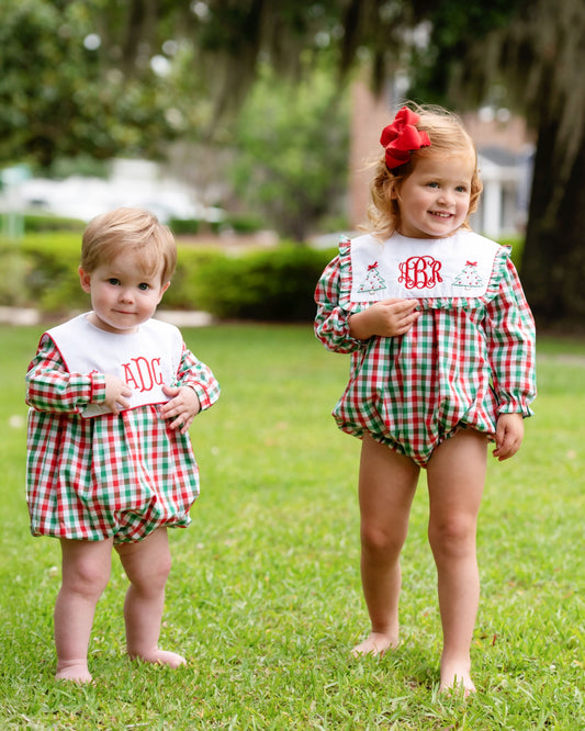 Red And Green Check Embroidered Christmas Tree Ruffle Bubble
